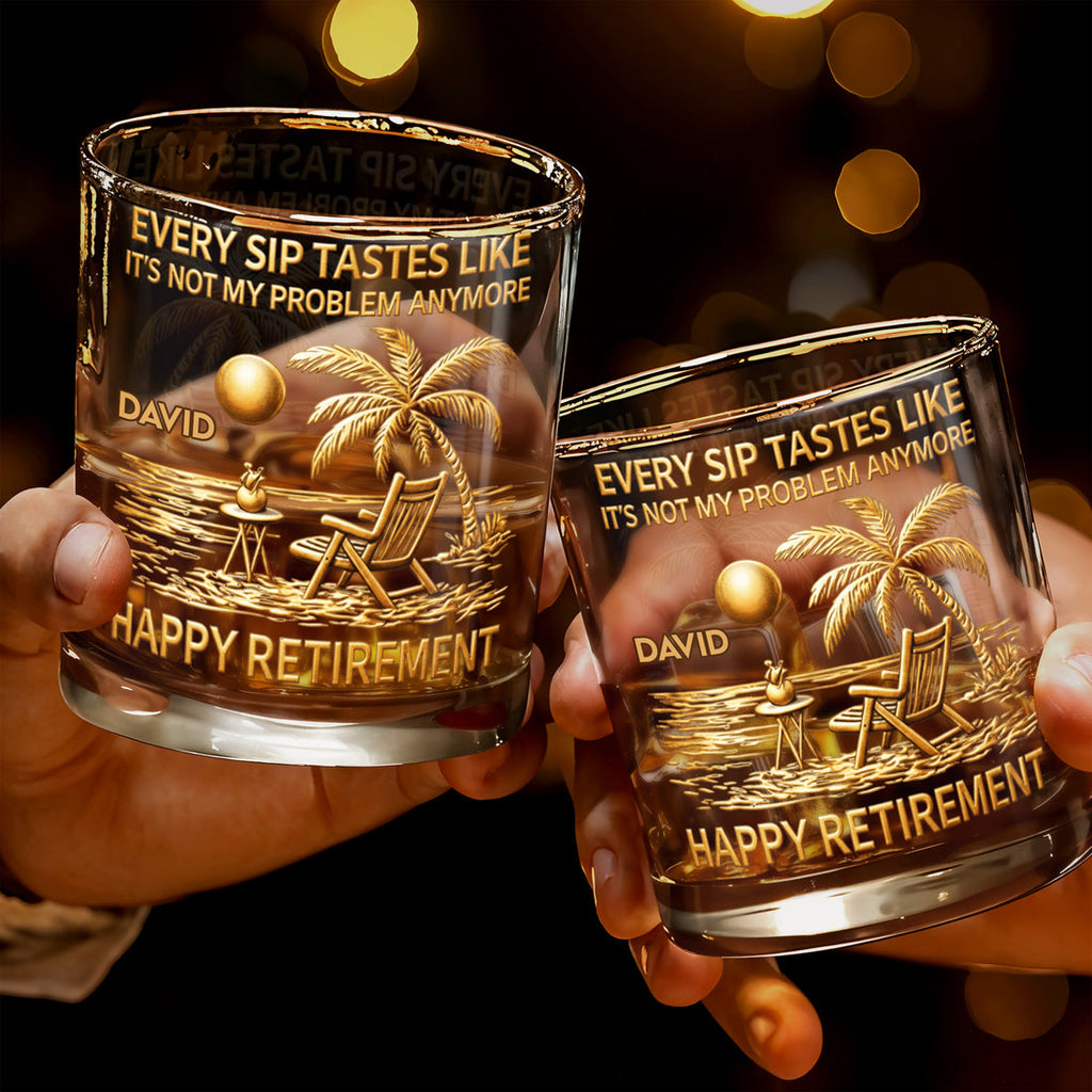 Every Sip Tastes Like Happy Retirement, Palm Trees Beach Chair Sun, Personalized Custom Whiskey Glass, Gift For Retirees