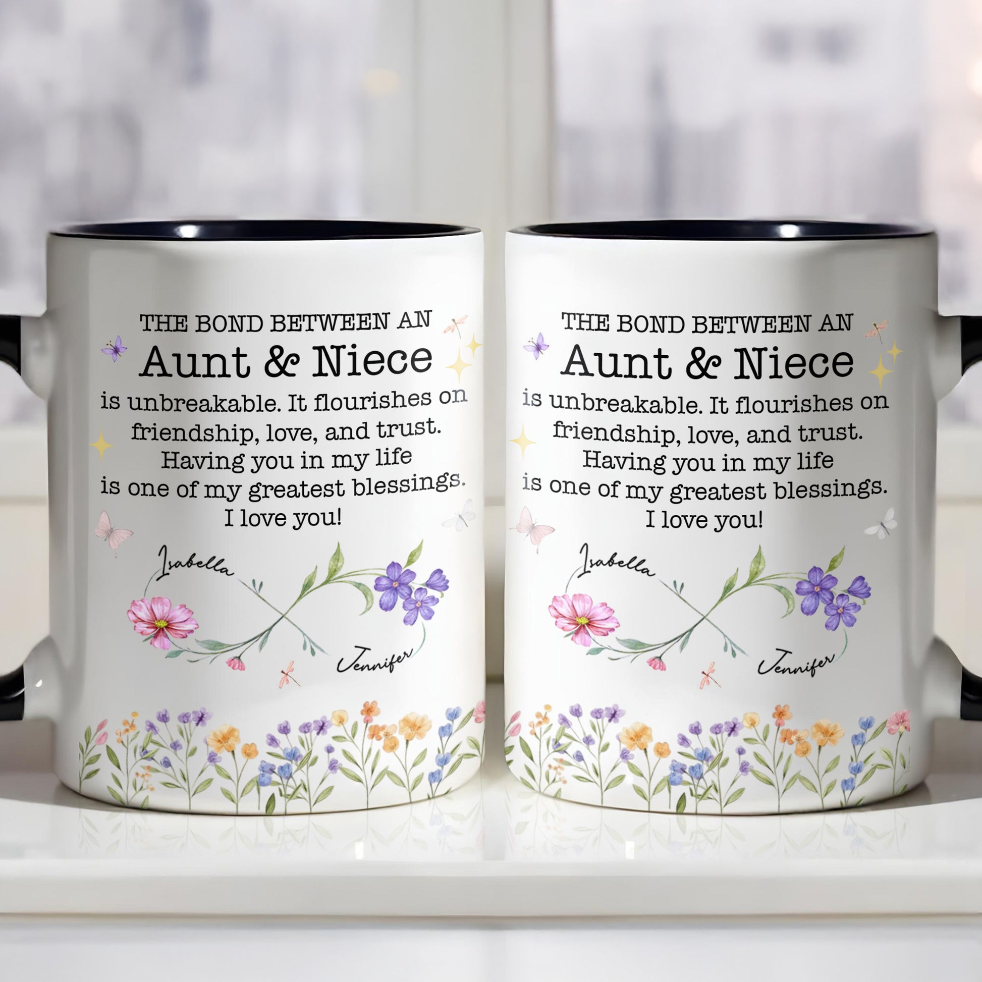 The Bond Between An Aunt & Niece, Flowers And Butterflies, Custom Accent Mug, Gift For Family