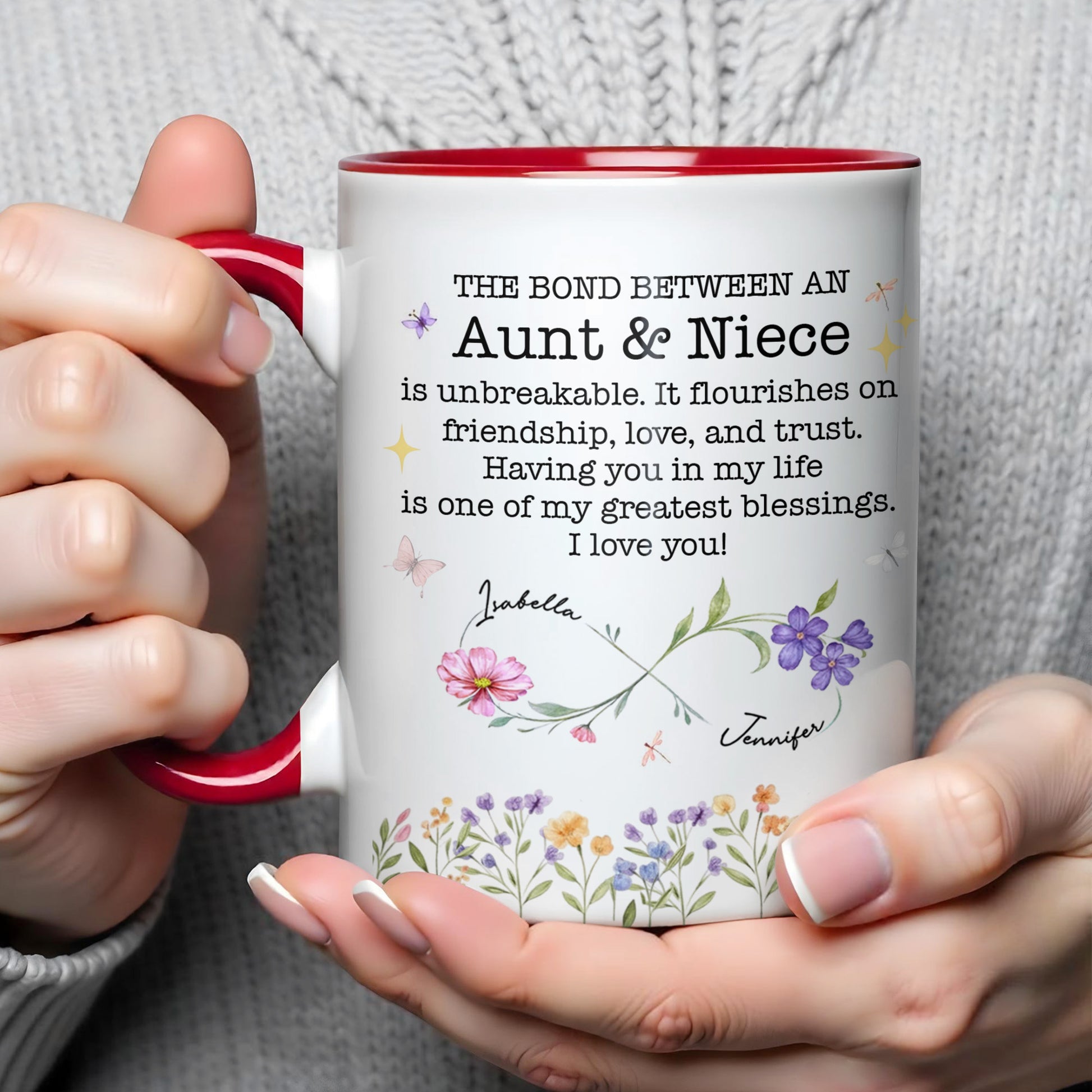 The Bond Between An Aunt & Niece, Flowers And Butterflies, Custom Accent Mug, Gift For Family