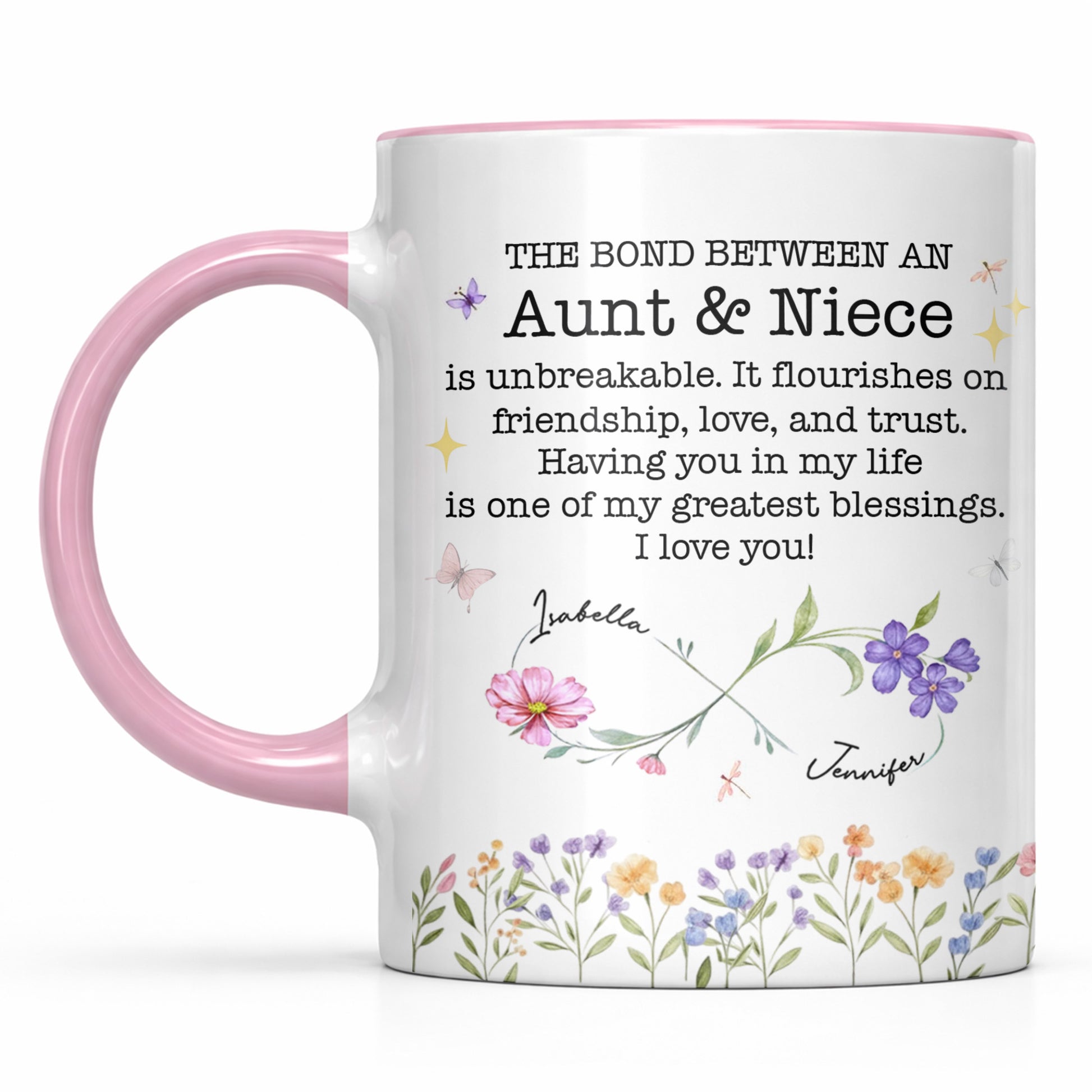 The Bond Between An Aunt & Niece, Flowers And Butterflies, Custom Accent Mug, Gift For Family