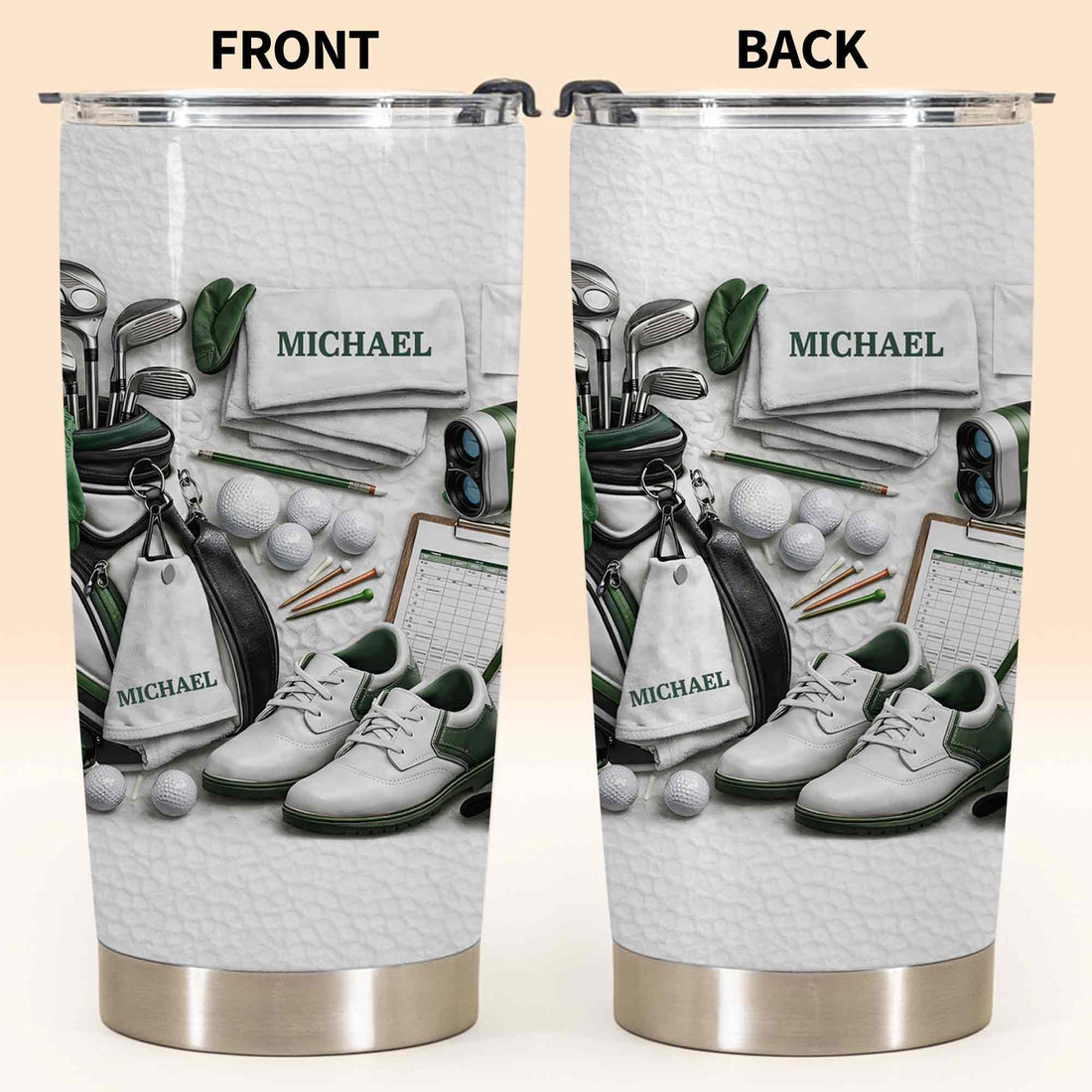 Golf Enthusiast Personalized Tumbler Featuring Clubs and Balls,Custom Stainless Steel Tumbler,Gift For Dad and Sports Lovers