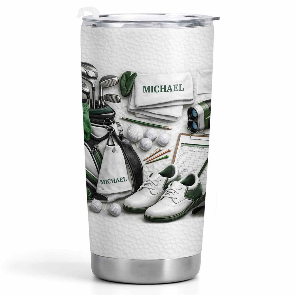 Golf Enthusiast Personalized Tumbler Featuring Clubs and Balls,Custom Stainless Steel Tumbler,Gift For Dad and Sports Lovers