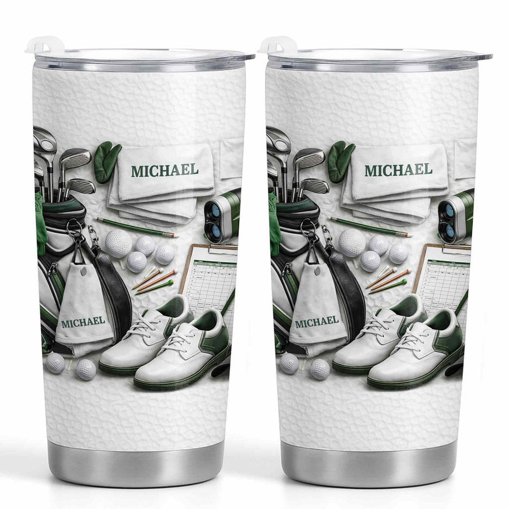 Golf Enthusiast Personalized Tumbler Featuring Clubs and Balls,Custom Stainless Steel Tumbler,Gift For Dad and Sports Lovers
